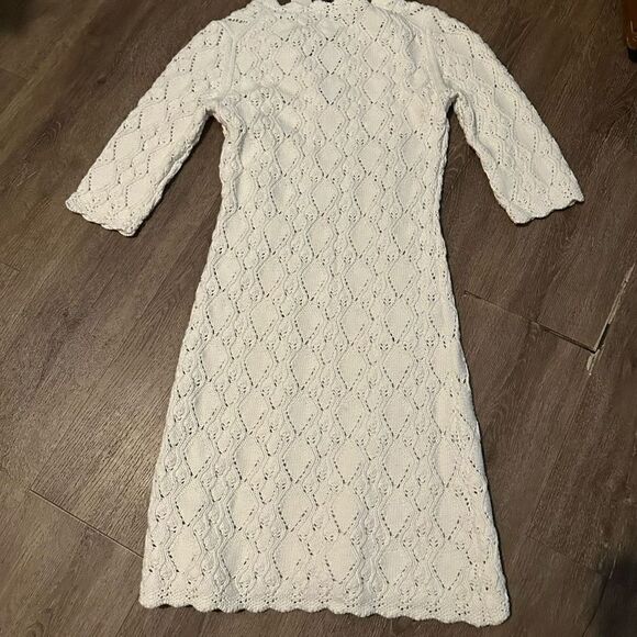 La Vie Rebecca Taylor Cream Crochet Dress Wool Blend With Lace Up Neck New XS - Picture 6 of 11